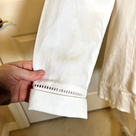 Soft Surroundings White Linen Blend Tunic Shirt Pearl Buttons Lace Hems Size M - Picture 4 of 11